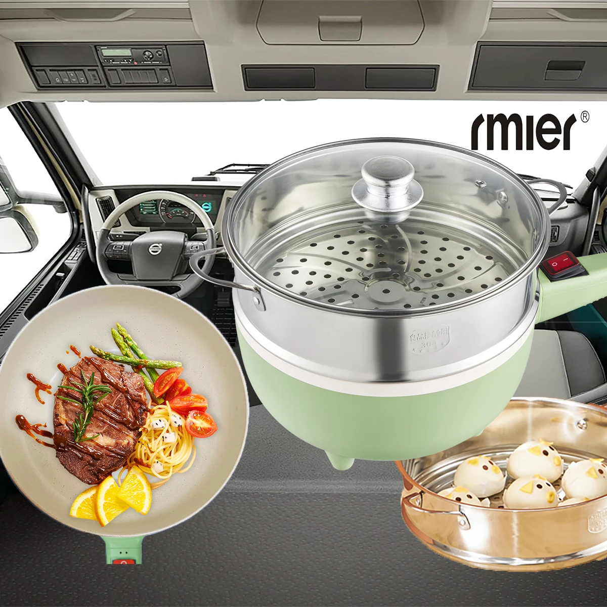 24V Multifunction Electric Frying Pan Steamer Home Appliance Portable for Truck RV Camper and Camping