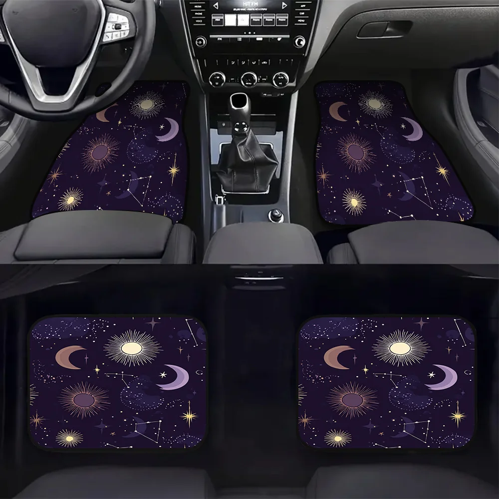 

4-Piece car floor mats with celestial moon and star patterns, suitable for SUVs or sedans
