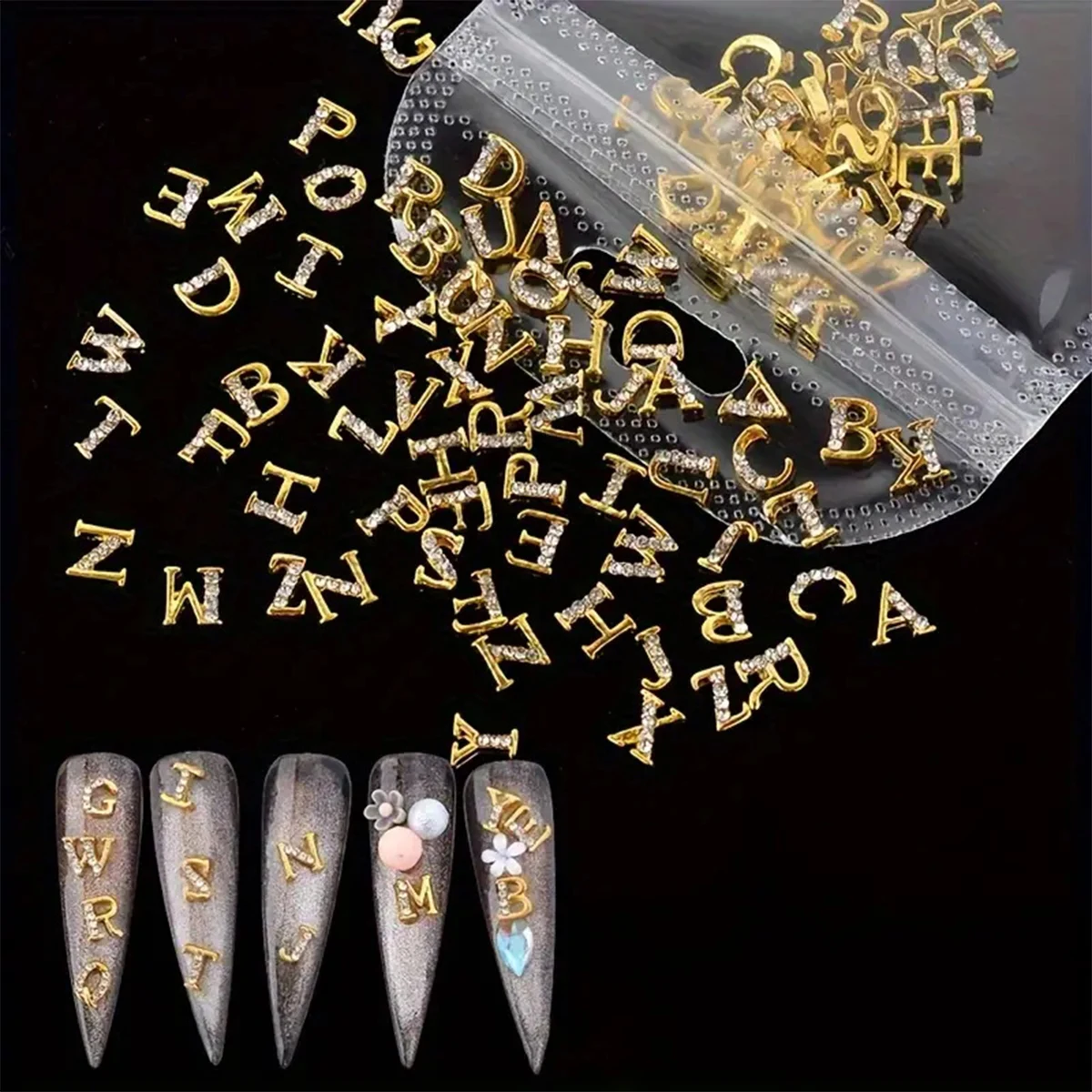 

52pcs in Bag with Shiny Letters Nail Jewelry Set - Letters Rhinestone Embellishment, Durable Alloy Material, Suitable for DIY Ma