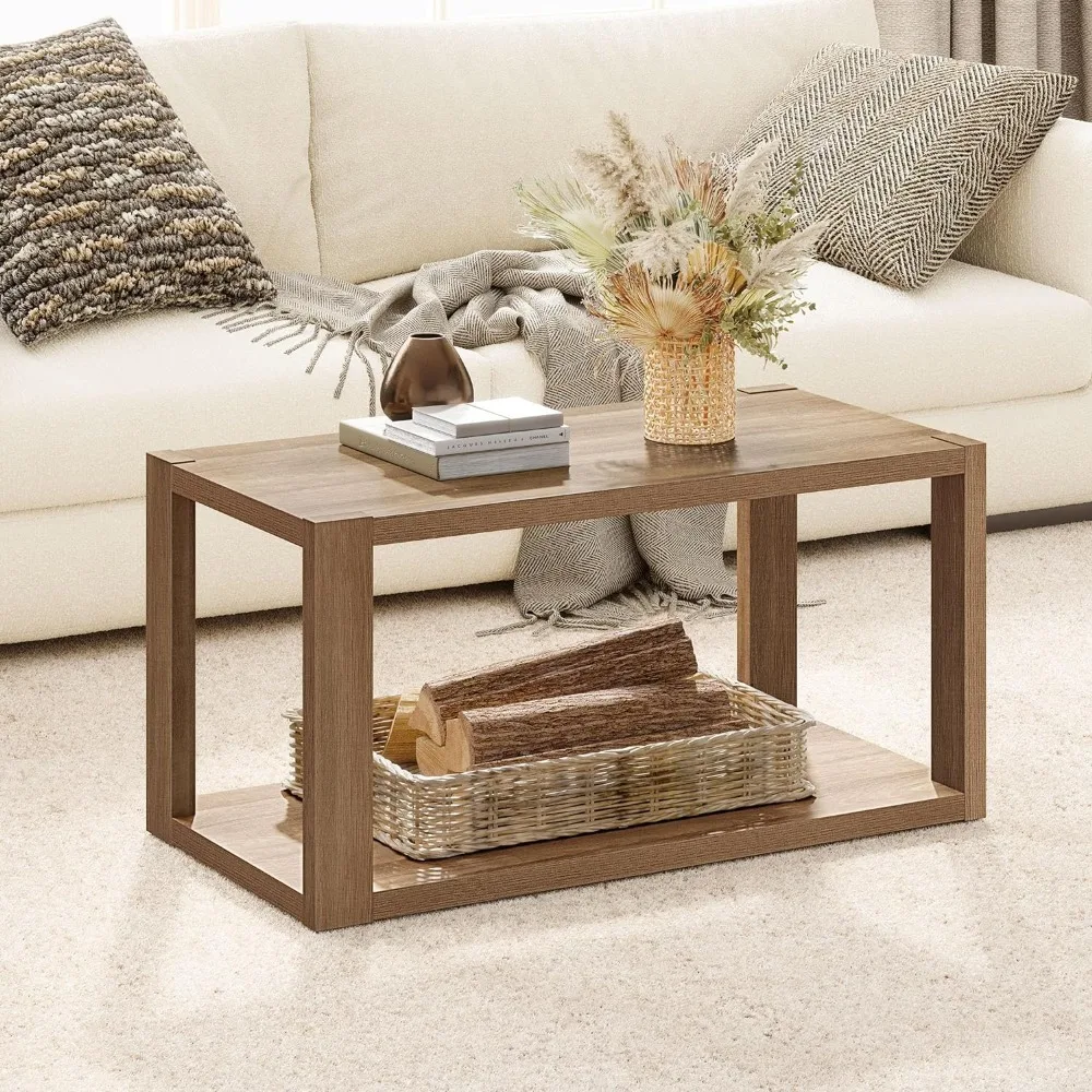 SICOTAS Farmhouse Wood Coffee Table - Boho Table with Storage Shelf, Rectangle Center Table Wood Look Accent Table, 2-Tier Sofa