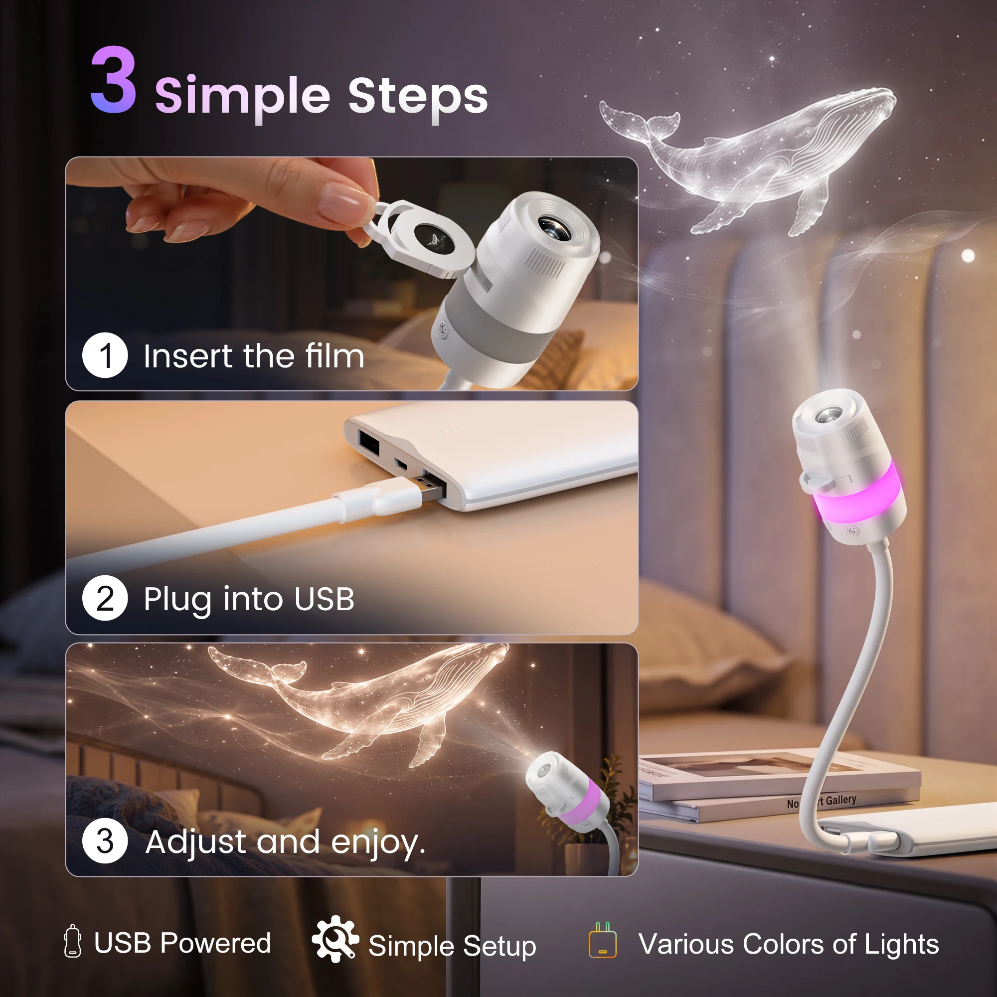 Star Galaxy Projector USB Night Light Replaceable Film 360 Flexible Gooseneck Touch Brightness Ceiling Lamp