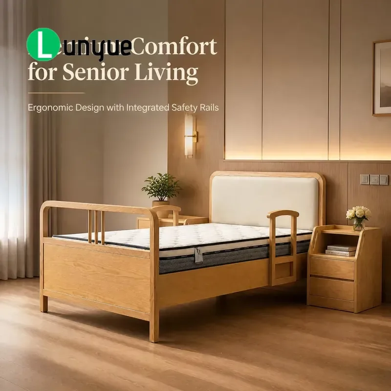 Premium Solid Ash Wood Care Bed with Antibacterial Leather and Safety Rails for Luxury Aged Care Center Hospital Rooms