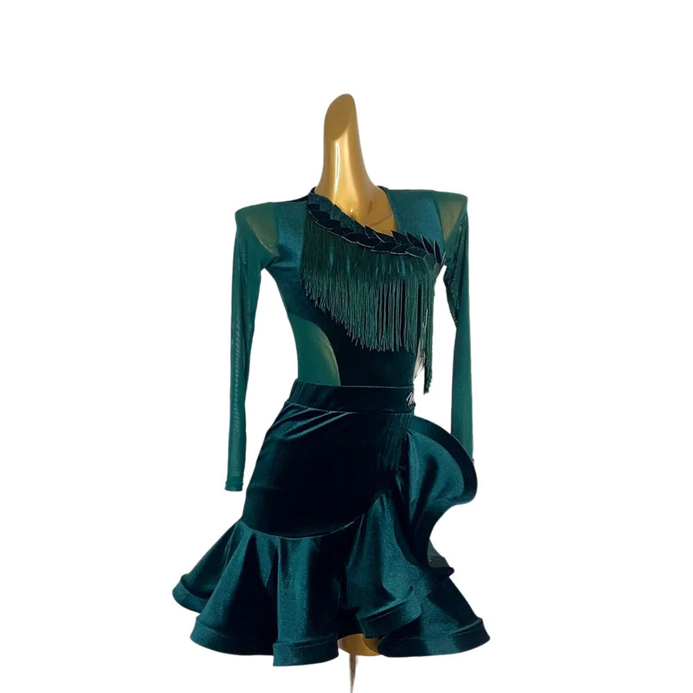 

Latin Dance AB Stone Female Adult Children's High end Customized Ink Green Tassel Flower Dress Black Pool Samba PerformanceDress