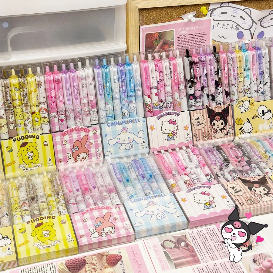 6 Stuks Sanrio Gel Pen Hello Kitty Cartoon Kuromi St Sneldrogend Zwart 0.5Mm Druk Op De Balpen Leren Briefpapier Geschenken