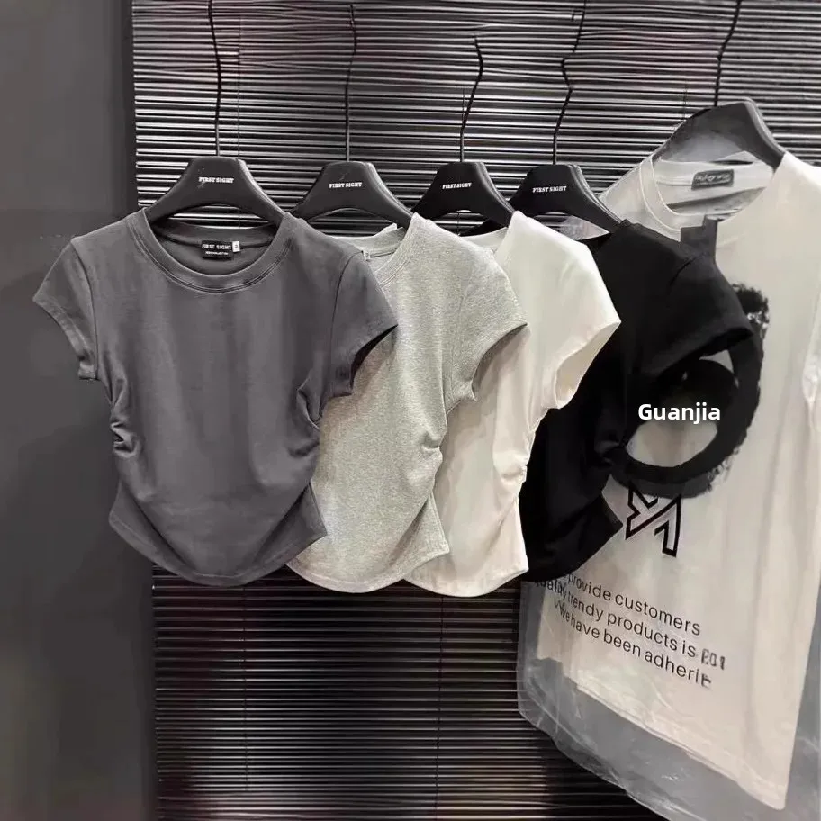 NicheDesign Sensibilityslims-Camiseta de algodón para mujer, novedad de verano 2024, Top corto de manga corta con cuello redondo y volantes blancos