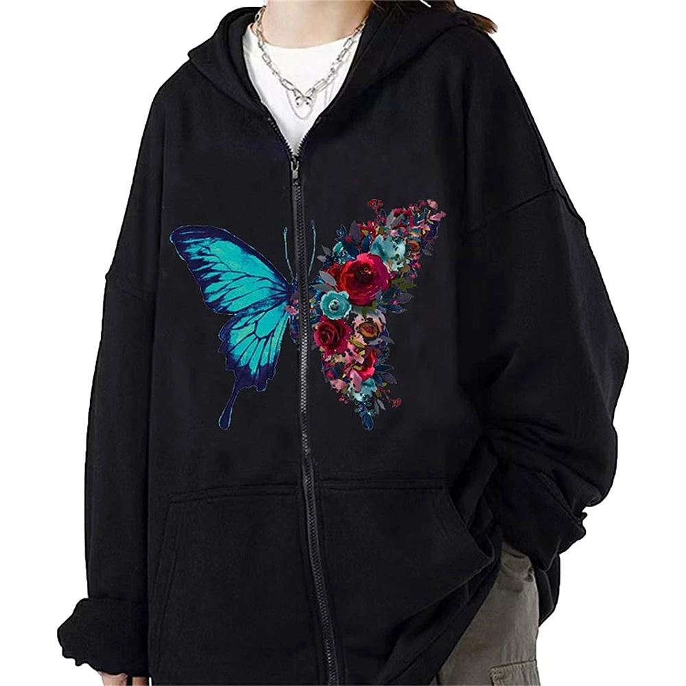 

Women Y2K Vintage Unisex Oversized Hoodies Long Sleeve Hooded Butterfly Flower Print Zip-up Sweatshirt Streetwear