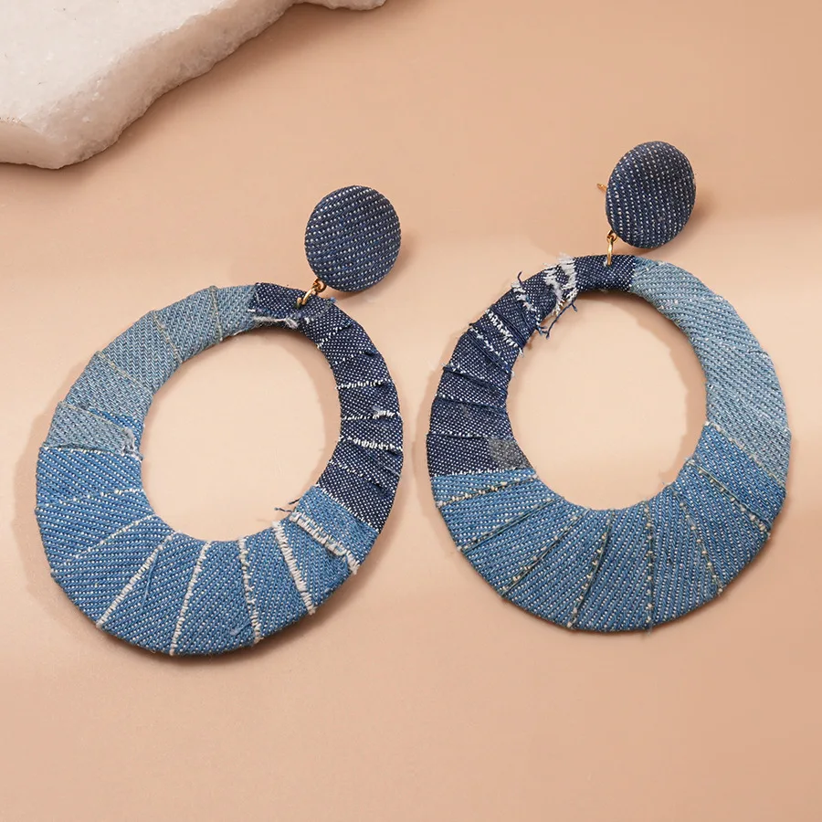 Casual Blue Twill Pattern Fabric Wrapped Big Hoop Earrings Round Stud Accent Oversized Circle Dangle Ear Wear Streetwear Style