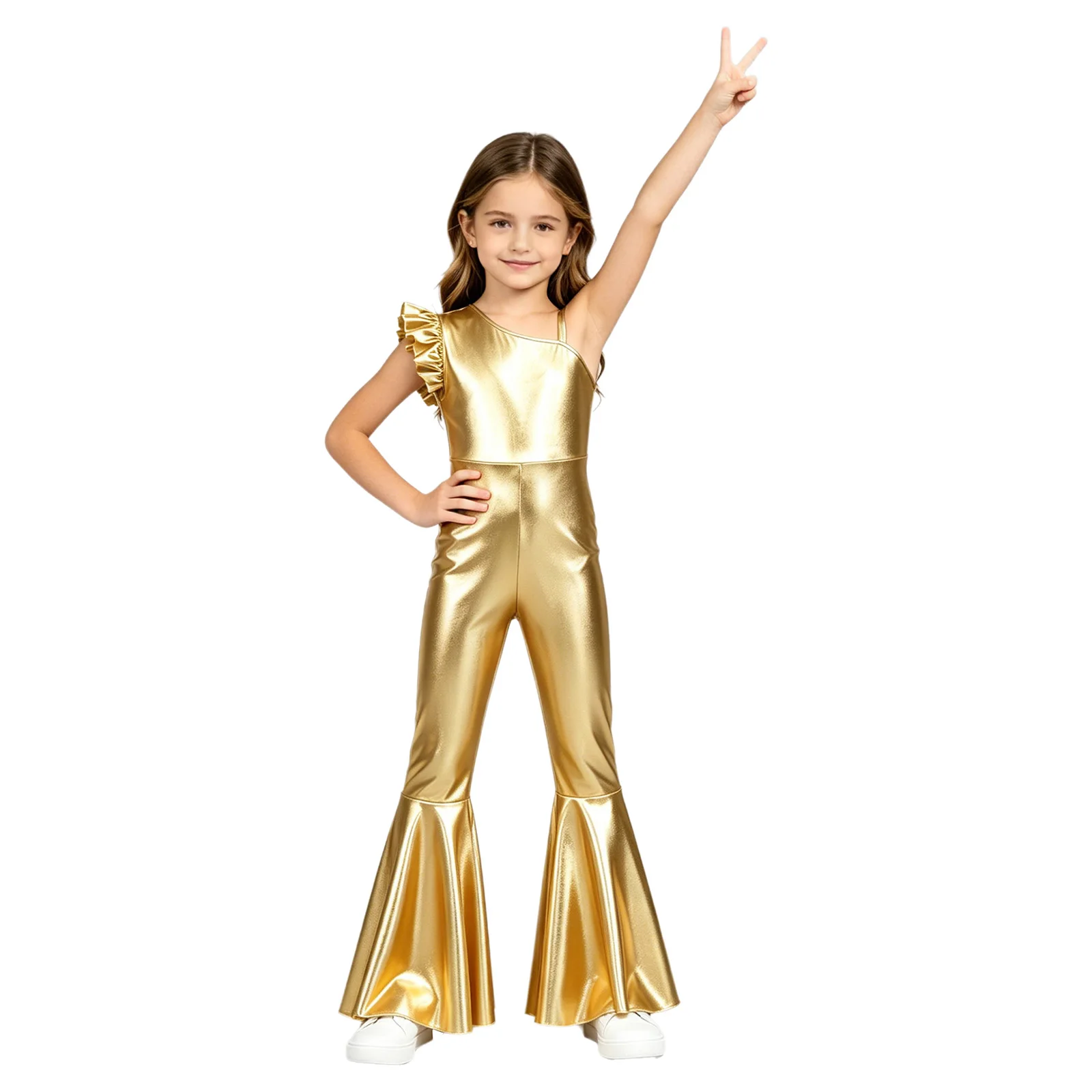 Kids Girls Metallic Jazz Jumpsuit Sequins Tassels Sleeveless Long Flare Pants Bodysuit for Disco Dance Club Musical Performance