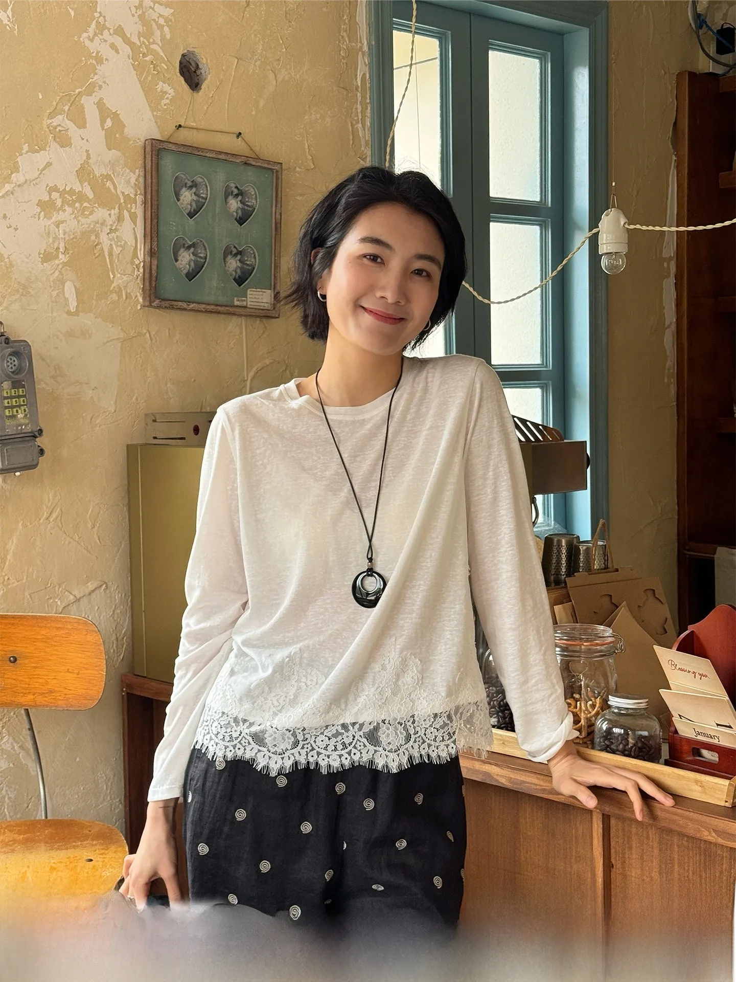 

Langqing Tea Flower Lace Lyocell Long Sleeve Women's Cotton Linen Top Silk Commute Style Standard Fit Color