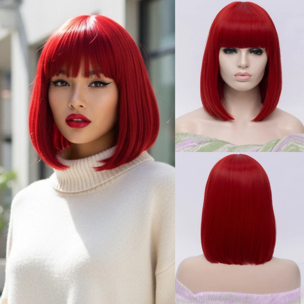 MSIWIGS Frauen Synthetische Gerade Kurze Rote Bob Perücken Mit Pony Cosplay Perücke Weiblich