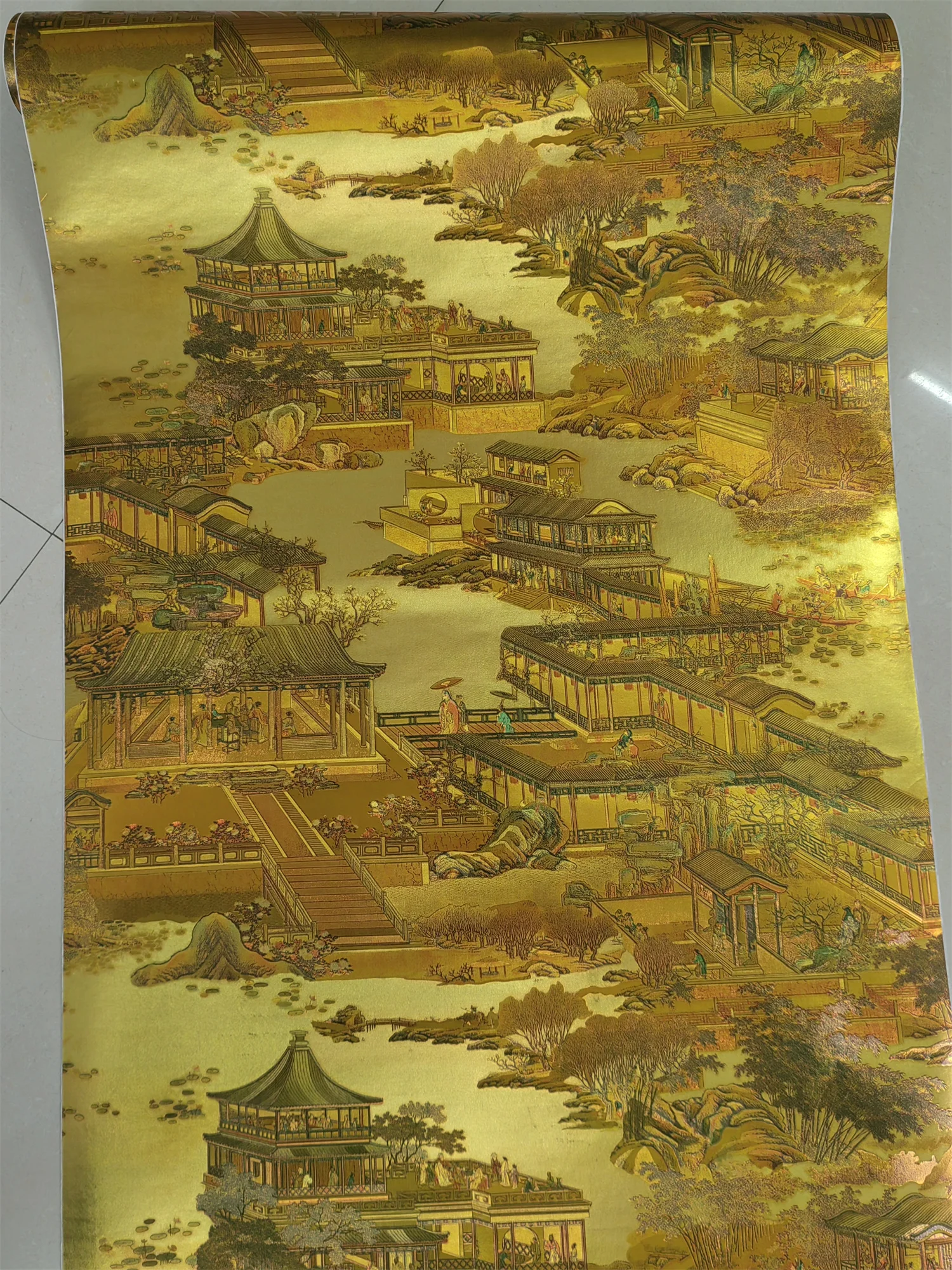 Golden 3D Qingming Shanghe Map Wallpaper Peel and Stick Wall Stickers Home Decoration Retro New Chinese Gold Foil Wallpaper