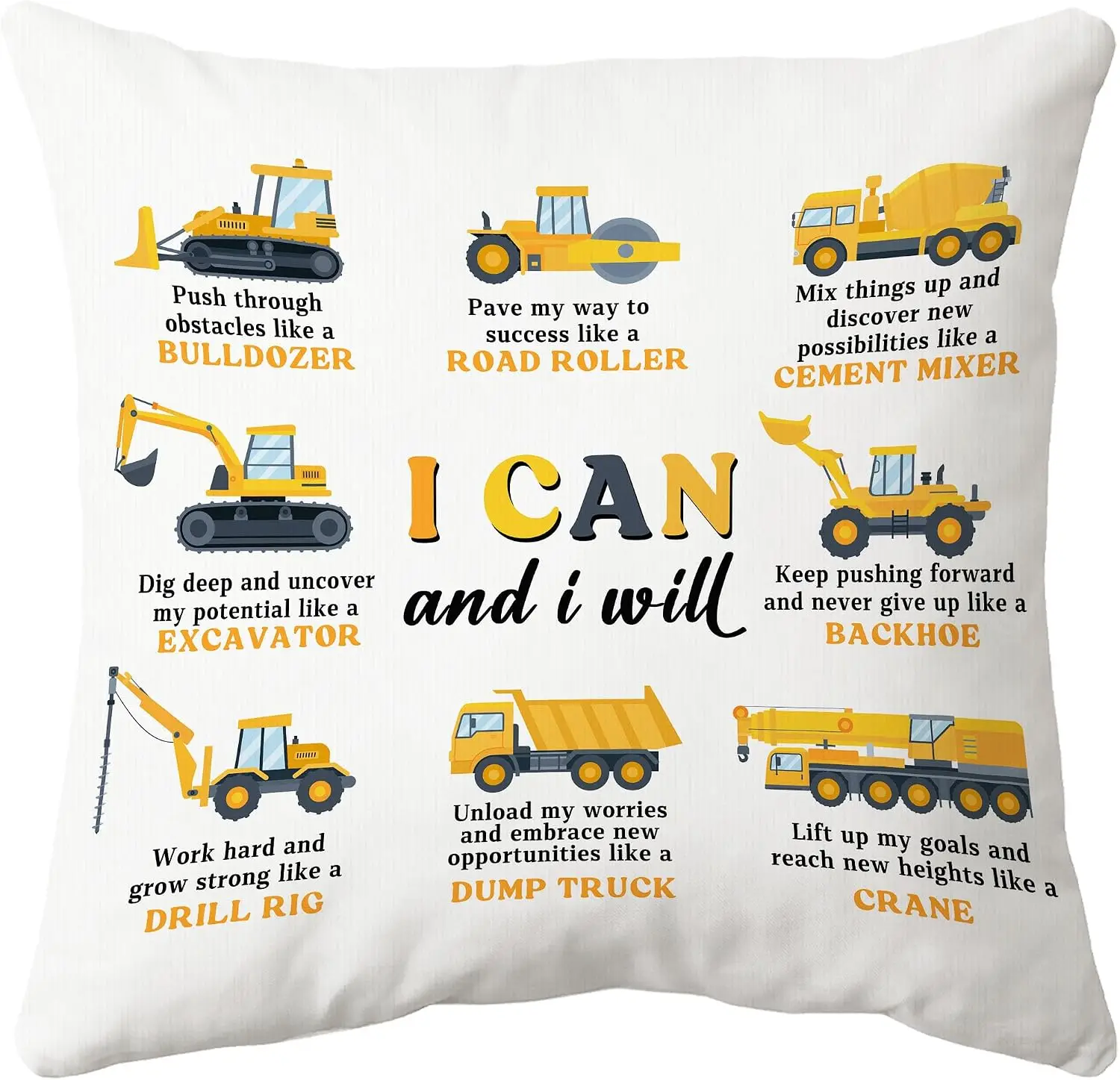 Motivational Construction Vehicle Pillowcase I Can and I Will Throw Cushion Cover for Kids Boy Gift 45x45cm Nursery Decor
