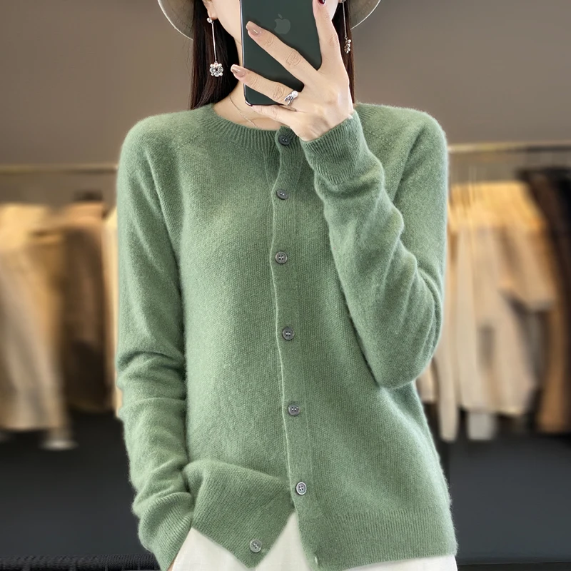 2024 new spring women\'s O-neck elegant cardigan sweater 100% Merino wool solid cashmere knitted women\'s clothing top