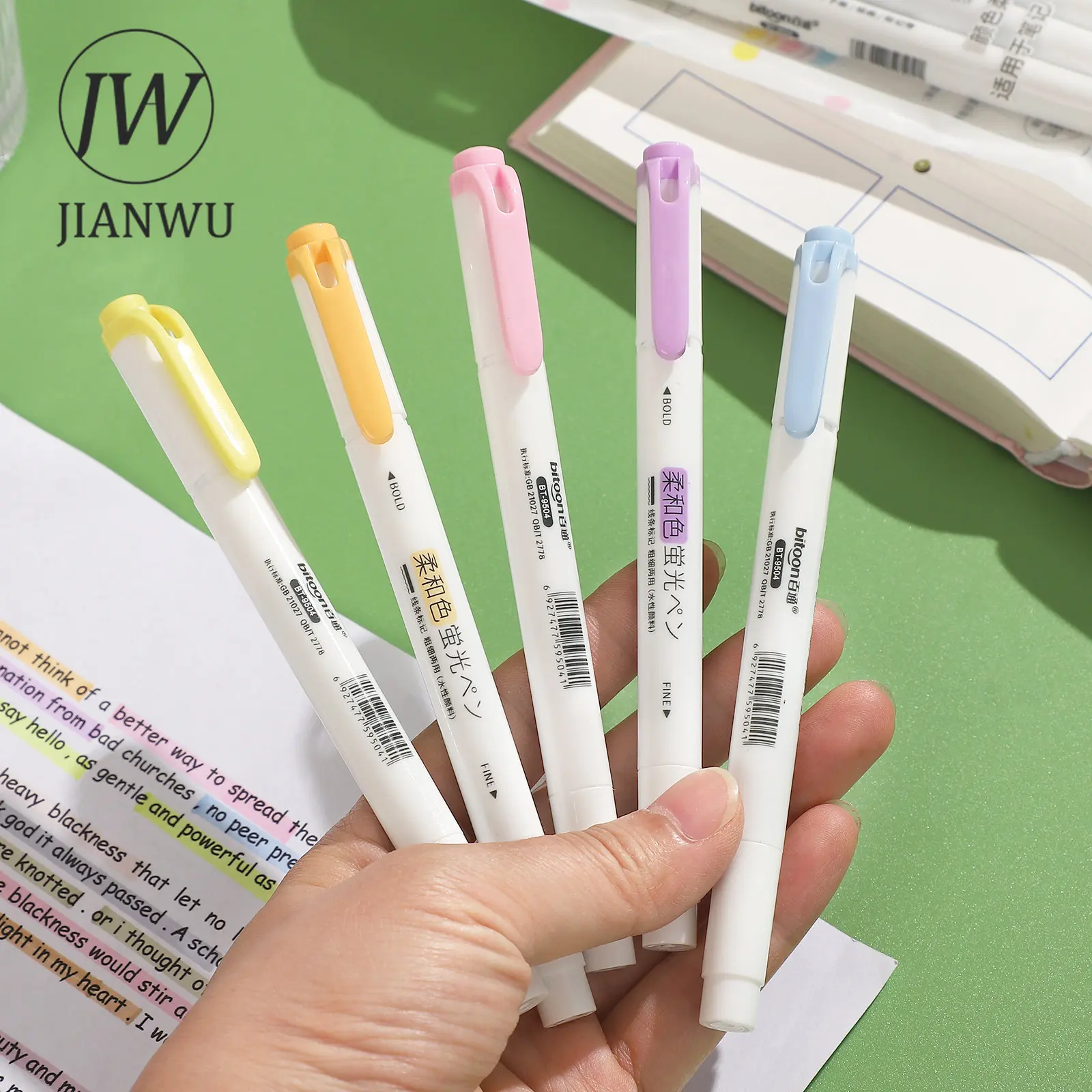 JIANWU 5 Pcs/set Double-ended Eye Protection Highlighter Set Smooth Writing Multicolor Marker Pen Creative DIY Student Supplies