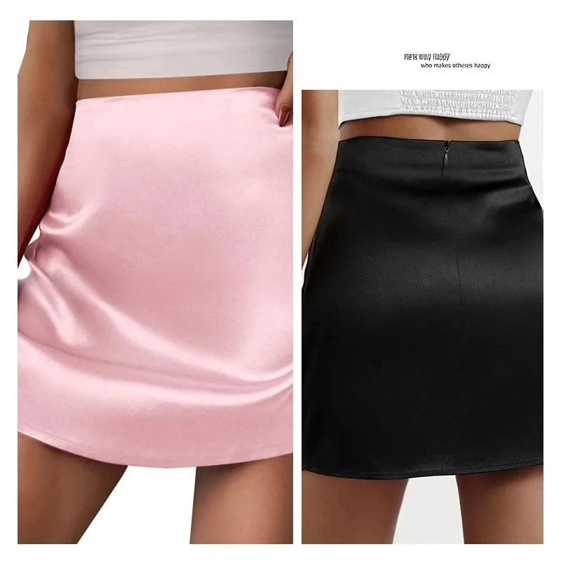 High Waist Satin A-Line  Skirt Women's Pleated Half-length Skirts Cute Style Batwing Type No Brand Registered Trademark