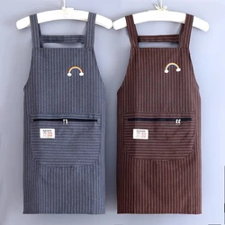 Kitchen Oil Resistant Aprons Striped Zippered Cotton Apron With Straps Breathable Apron Women's Dirt Resistant Work Clothes