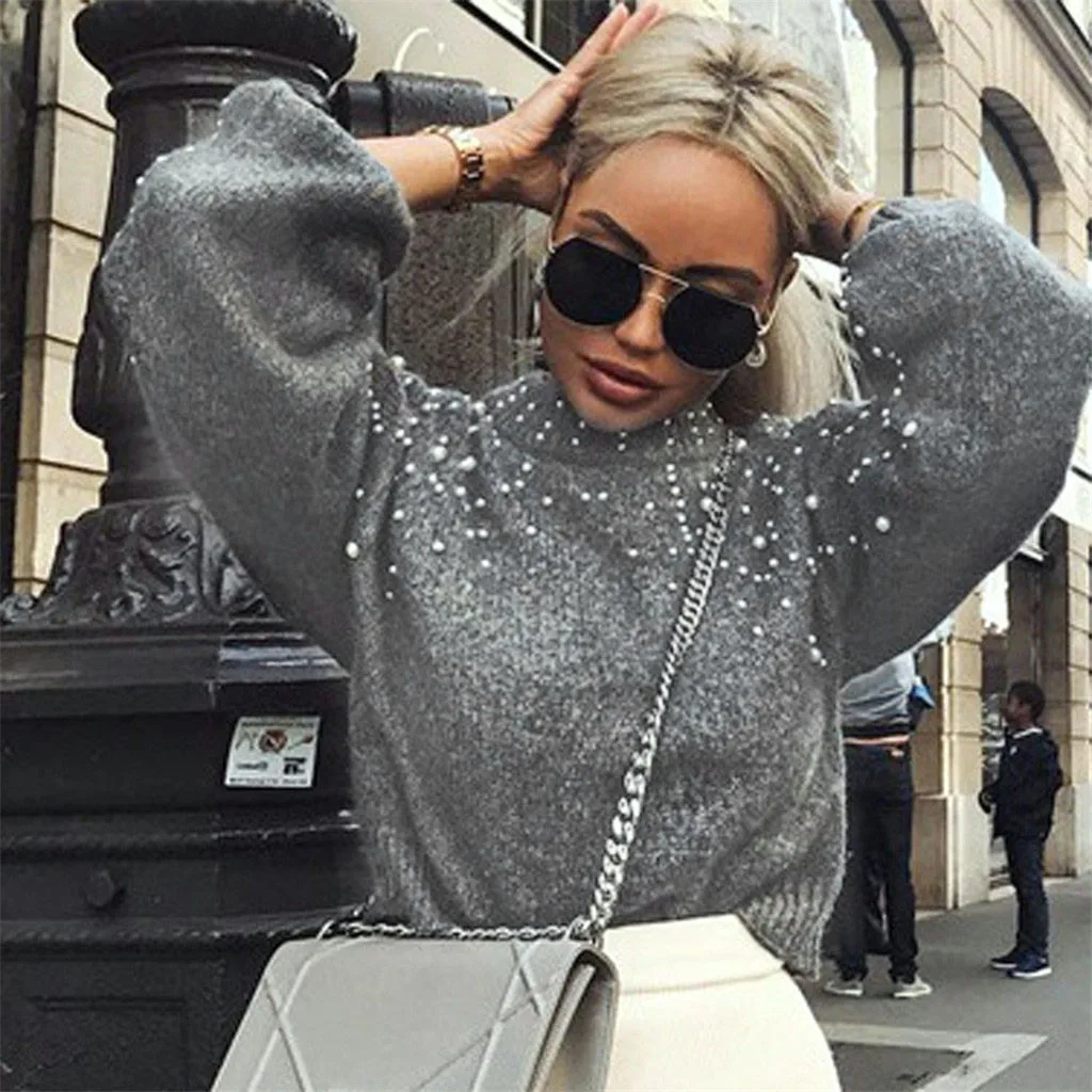 2024 Women Sweater Autumn Winter Solid Round Neck Long Sleeve Pearl Knitted Sweater Pullover Knitted Women Tops