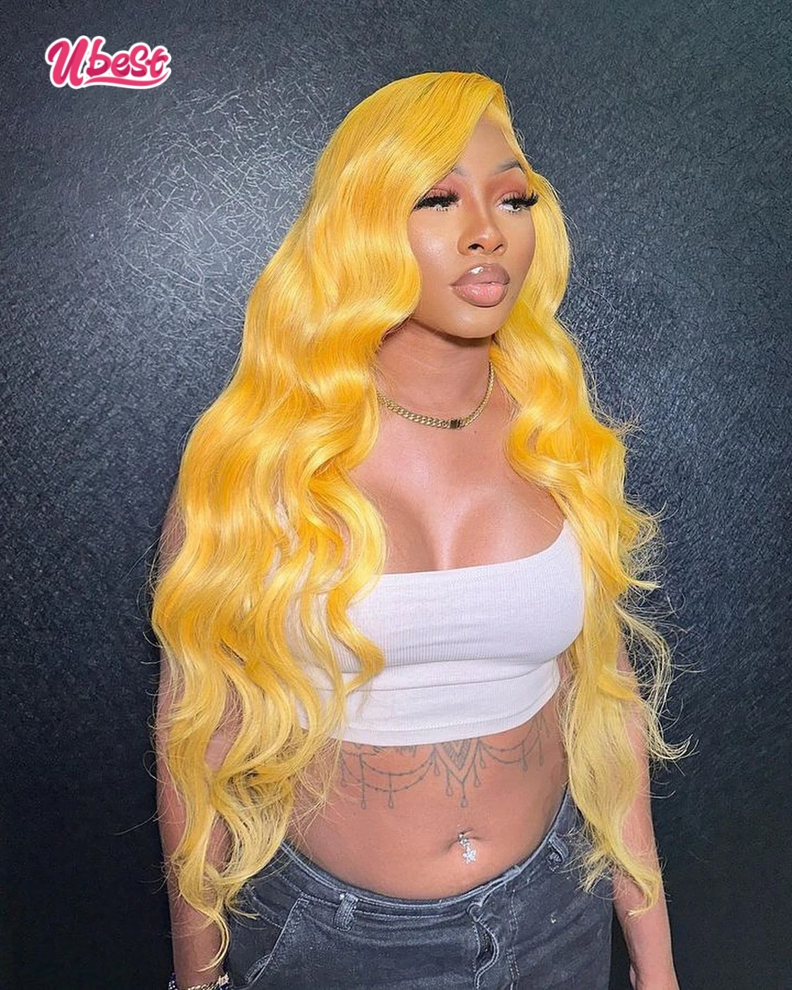 Onda do corpo Perucas Dianteiras Do Laço Transparente, Amarelo Brilhante Colorido, 100% Cabelo Humano, Cabelo Remy Brasileiro, 180% Densidade, 13X6