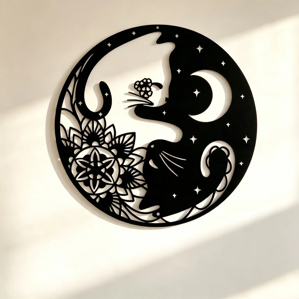 CIFBUY Metal Wall Art Yin Yang Cat Wrought Iron Decor Black Mandala Floral Pattern Rustic Indoor Outdoor Home Decor Living Room
