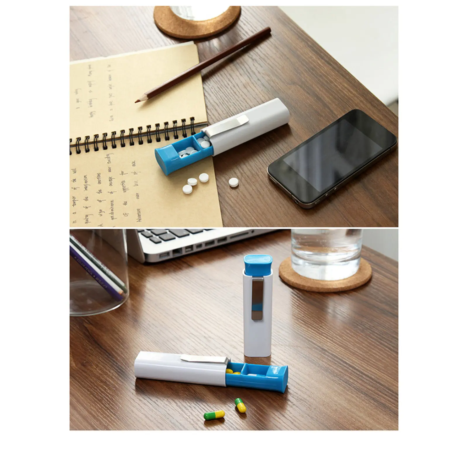 Portable Travel Pill Box 9.8x5x2.4cm 3-Section Vitamin Organizer Ergonomic Slide-Open Tray Holds All Pill Sizes Clip Attachable