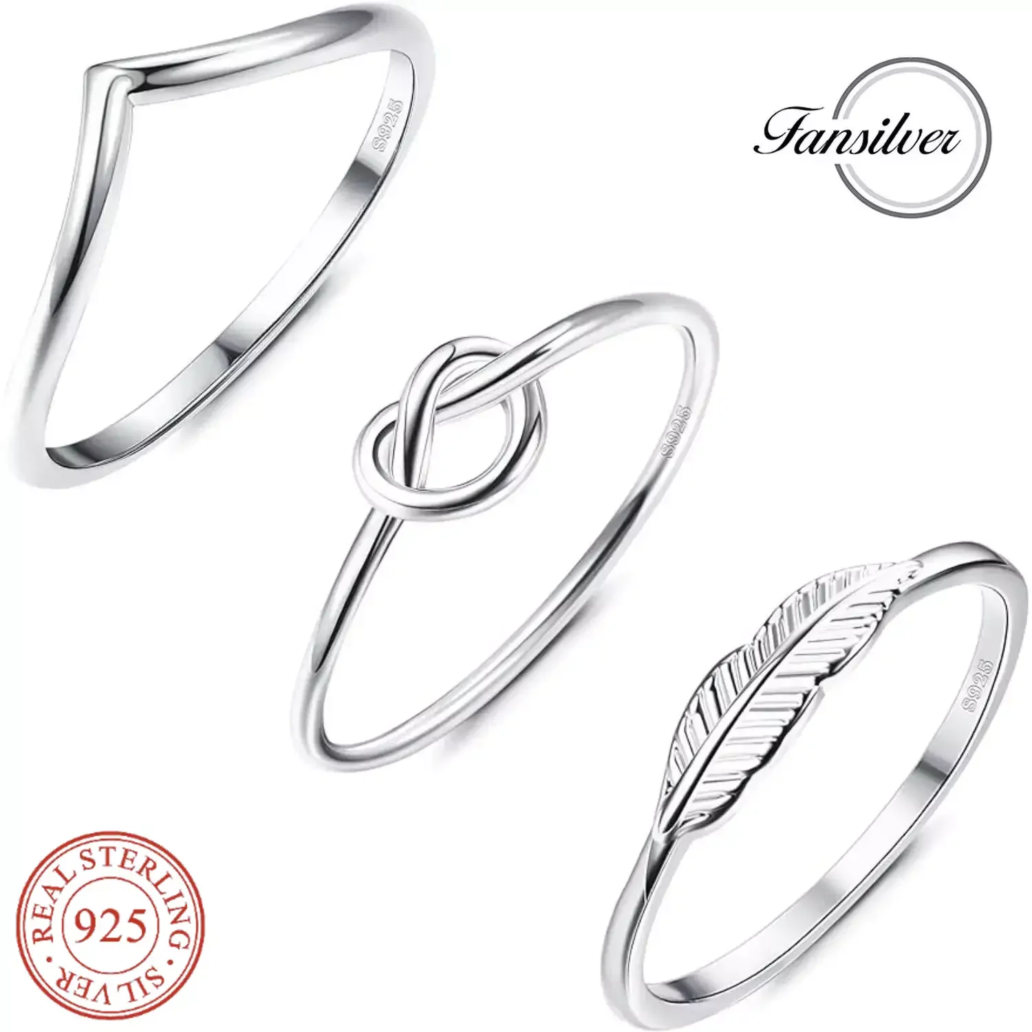 

Fansilver 925 Sterling Silver Ring Set for Women 18K White Gold Plated Wishbone Love Knot Feather Dainty Rings Comfort Size 5-10