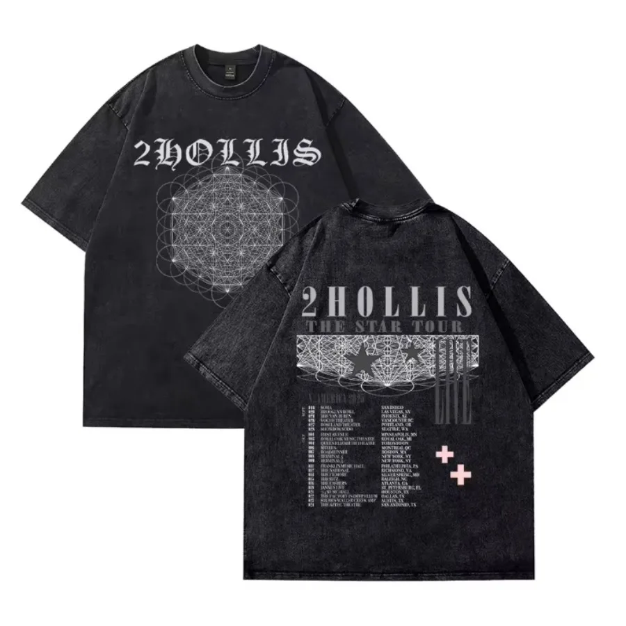 

2025 2hollis The Star Tour Merch Футболка большого размера Мужская винтажная потертая футболка в стиле хип-хоп с короткими рукавами Homme Y2K Одежда