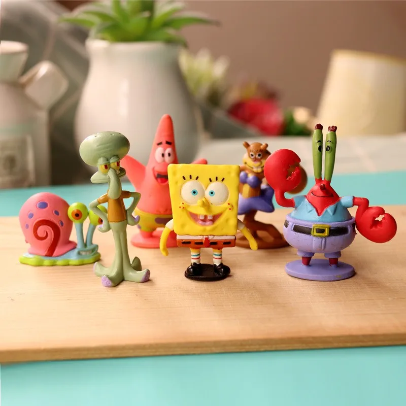 Bandai 6 SpongeBob SquarePants Cartoon Cute Pie Big Star Octopus Brother Handheld Car Model Fish Tank Decoration Ornament