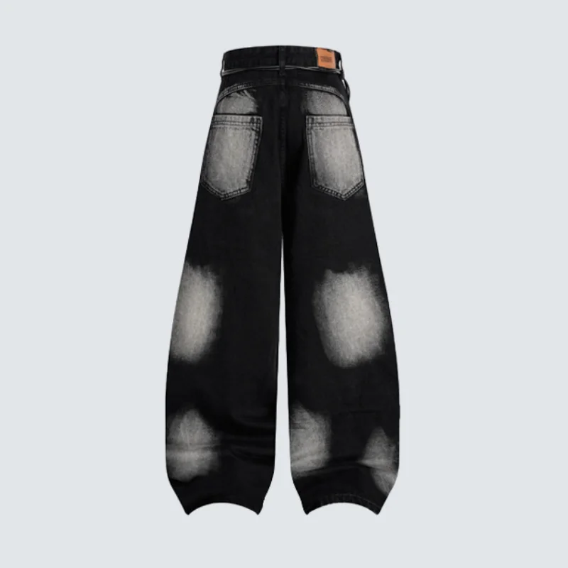 MWJLPWQ Distressed Gradient Design Men's Jeans American-Style Ribbon Decoration Wide-Leg Floor-Length Pleated Pants Unisex 20144