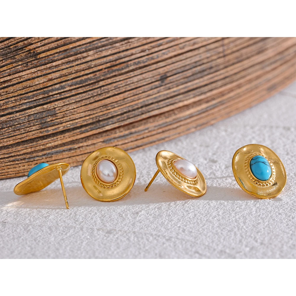 Yhpup Blue Turquoise Stone Imitation Pearls Stainless Steel Round Stud Earrings Gold Color Fashion Vintage France Jewelry Gift