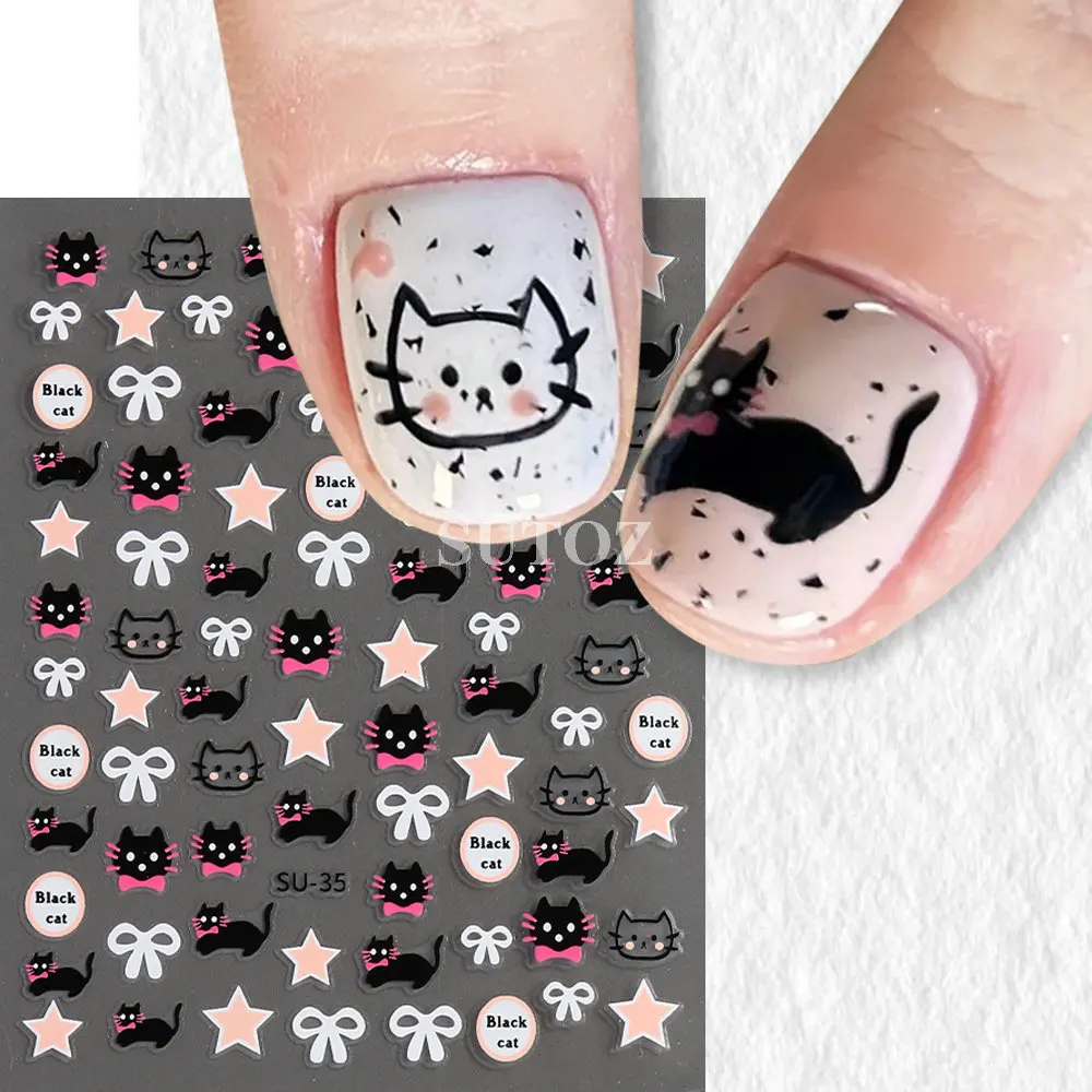 Pegatinas 3D de gato de dibujos animados para uñas, calcomanías de estrella de gato negro, deslizadores de lazo blanco para uñas, dijes infantiles, decoración de manicura, LEBSU-35