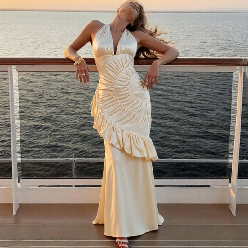 

Tornova 2026 New Halter Slim Pleated Gown Dress For Women Sexy Backless Satin Long Dress Elegant Summer Female Holiday Clothes