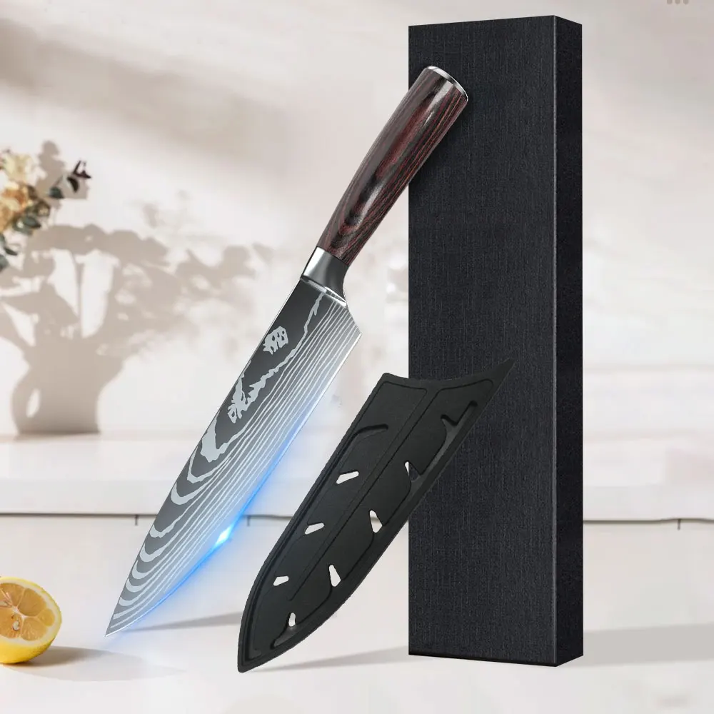 

8inch Super Sharp Chef knife with Cover Japanese Damascus Pattern Stainless Steel Kitchen Chopping Knife Professional Kitchen K