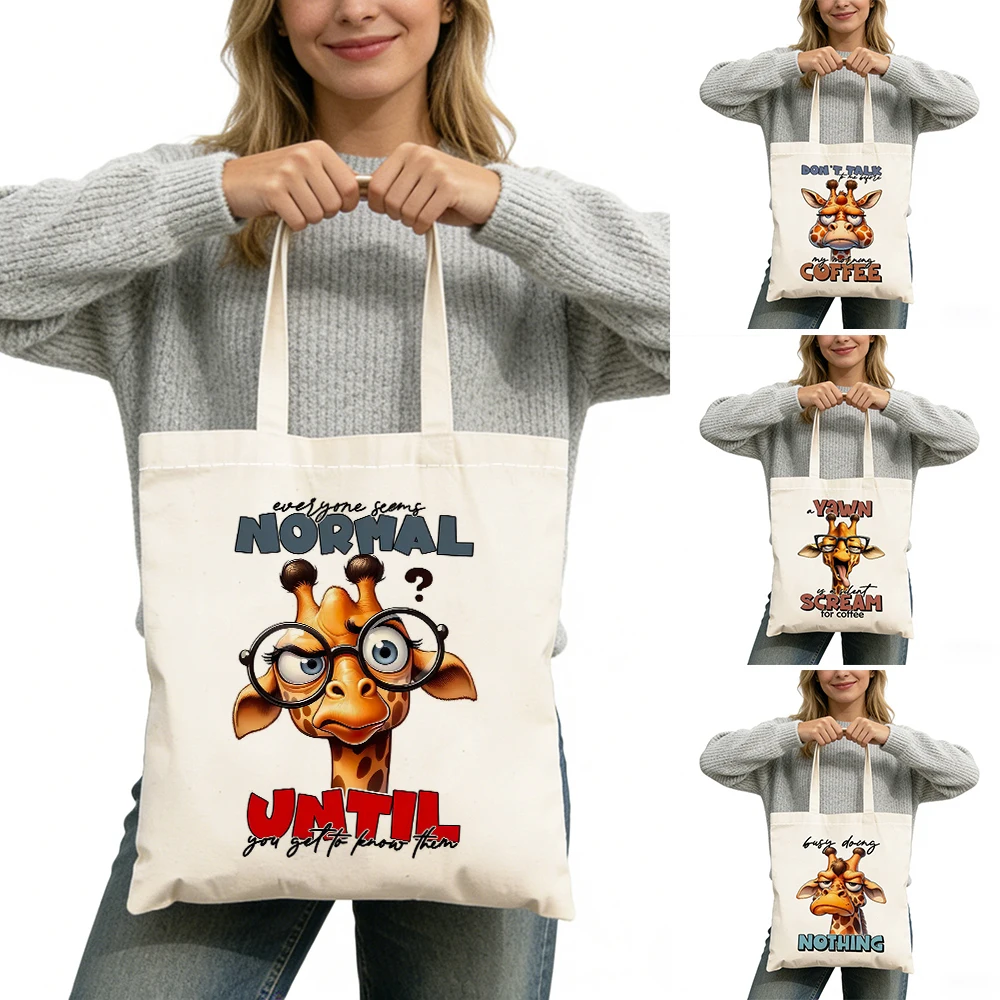 

Casual Busy Giraffe Lady Shopper Bag Espresso Themed Giraffe Women Shoulder Handbag Double Print Quirky Girl Shopping Bags