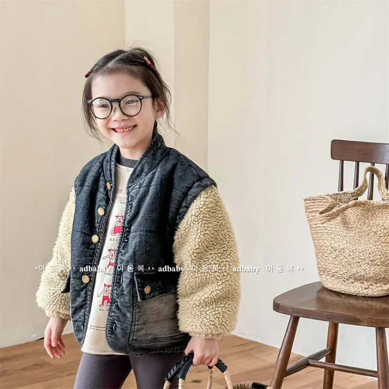 

Kid Coat 2024 Children Autumn and Winter Children Korean Style Denim Lamb Wool Cotton-padded Girls Winter Jacket Coat