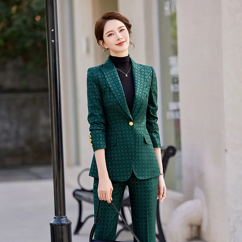 Fashion Business Women Work Wear Spring New High Quality Plaid Blazer and FLARE PANTS Suit Shows Calm Capable Temperament