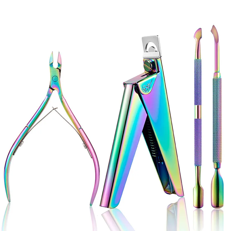 สีสันไทเทเนียมสแตนเลสสตีลเล็บชุดเครื่องมือ Cuticle Pusher ตะไบเล็บ Dead Skin Remover Kit เล็บผลิตภัณฑ์กําจัด