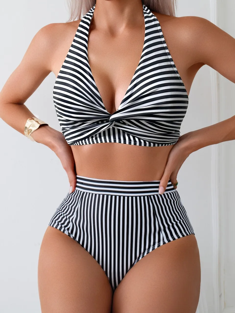 

Halter Neck Bikini Set Women 2026 High Waist Swimsuit Summer Beachwear Lady Stripe Swimwear Female Bather Bathing Swimming Suit