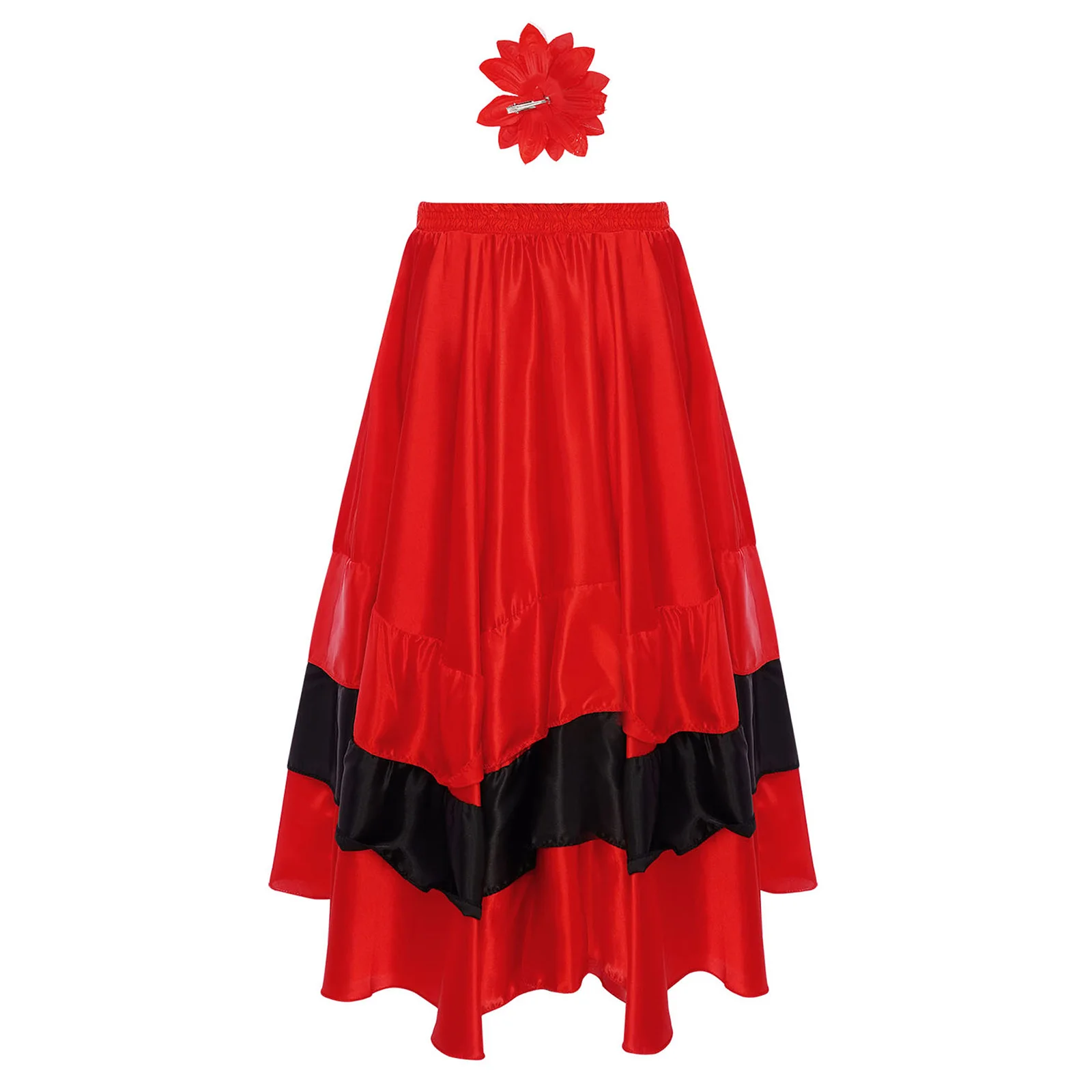 Strój do tańca dla dziewczynek: flamenco, tango hiszpańskie, taniec towarzyski, taniec latynoamerykański, koronkowy top tuba z falbanami i spódnicą w stylu korridy.