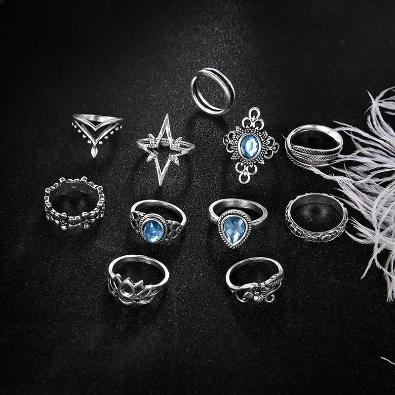 Geometry Retro Rings for Women Boho Inlaid Zircon Carved Starry 11/Pcs Rings Set Jewellery Accessories Wholesale Anillos