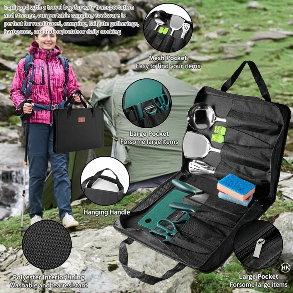 

13-Piece Stainless Steel Camping Cookware Set - Portable Cookware Set with Travel Storage Bag for Hiking, BBQs and Picnics