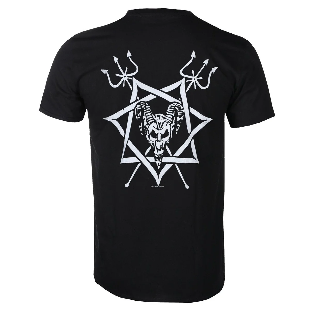Spiky‑style Band Logo Monochrome Old‑church Scenery Gothic Text Front‑print, Hexagram Goat‑skull Trident Occult Symbol