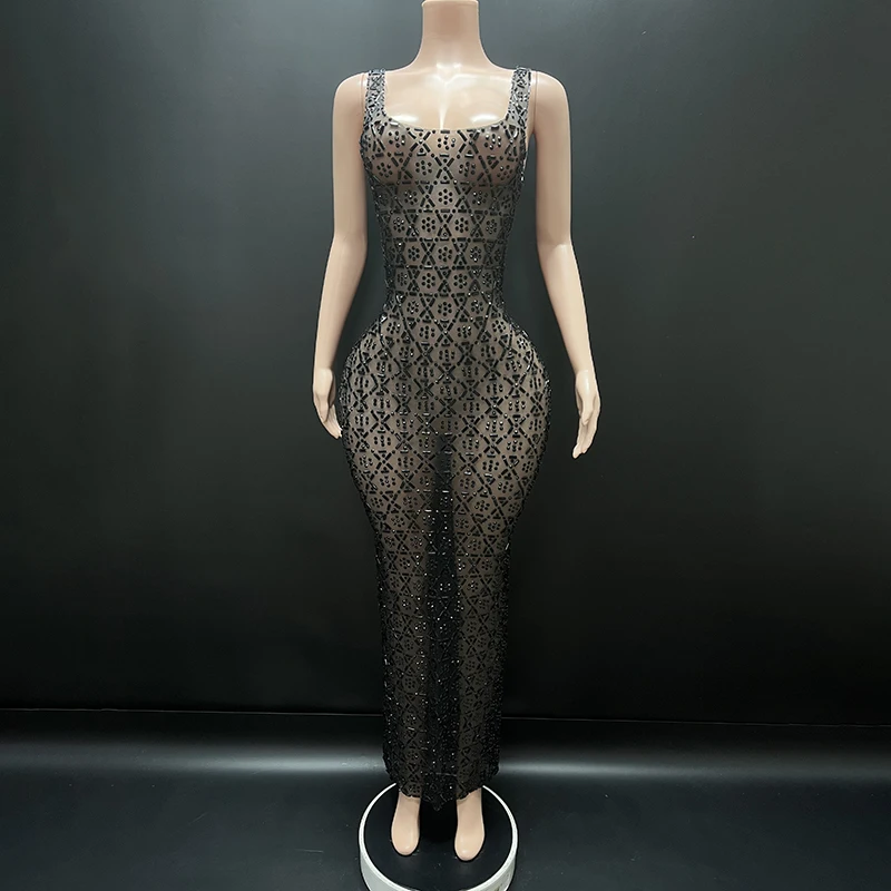 مثير المرحلة الأزرق الراين الأحمر فستان شبكي شفاف عيد ميلاد احتفال مساء زي الرقص أداء التقطت الصور