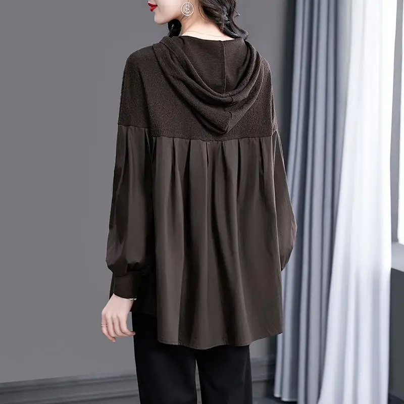 Fashion Spliced Folds Asymmetrical Hooded Blouses Women\'s Clothing 2023 Autumn Winter Loose Casual Tops Lantern Sleeve Shirts