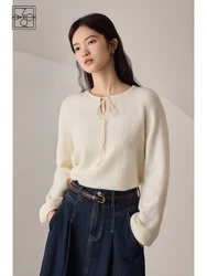 ZIQIAO Casual Style Cozy Sense White Knitted Sweater for Women Early Autumn New Chic Long-sleeved Lace-up Thin Wool Top Female