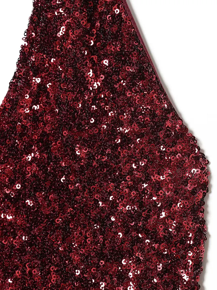 NLZGMSJ 시크 레드 스팽글 파티 드레스 홀터 백리스 롱 드레스 패션 2025 이브닝 클럽 스트레이트 엘레강트 새해 드레스