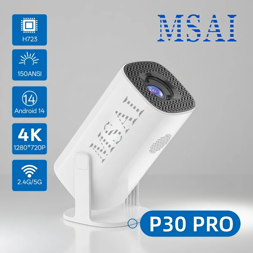 

Проектор MSAI P30Pro Android 14 WiFi6 BT5.0, декодирование 720P 4K@30fps, 4-точечная коррекция трапецеидальных искажений, 40-120 дюймов, 25 дБ, для улицы и дома