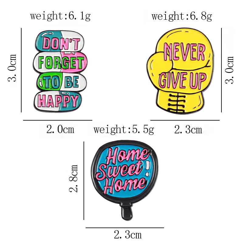 Creative Personality English Letters Inspirational Language Enamel Brooch Mirror Boxing Gloves Pills Fun Alloy Pins Jewelry