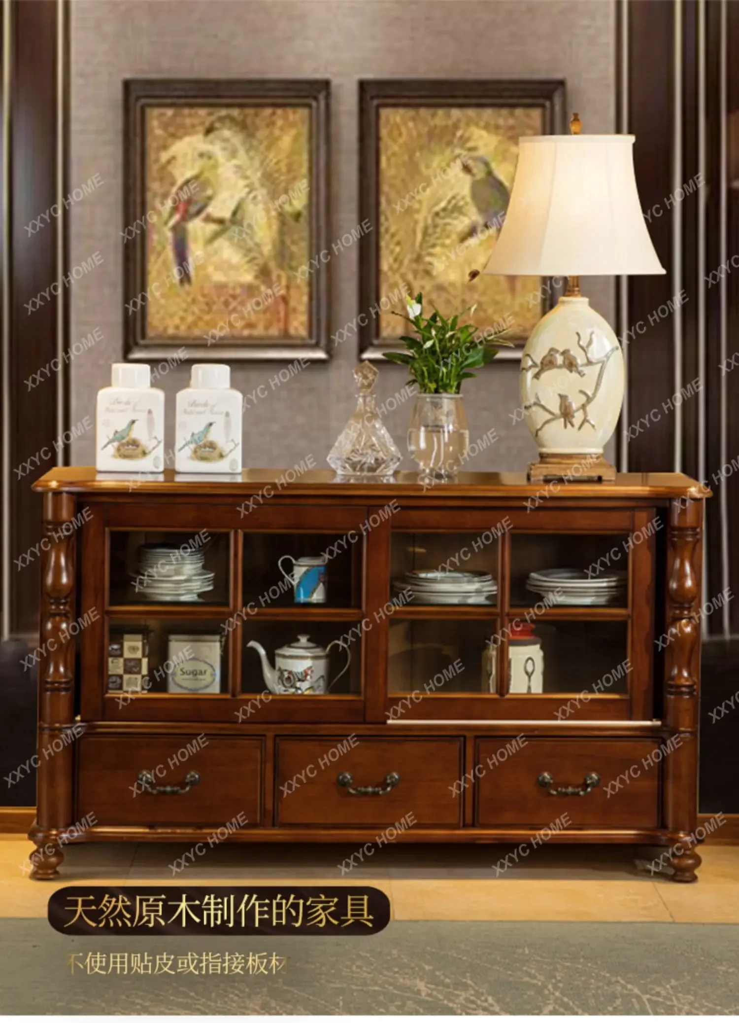 All solid wood  side cabinet wine cabinet integrated against the wall tea kitchen cupboard