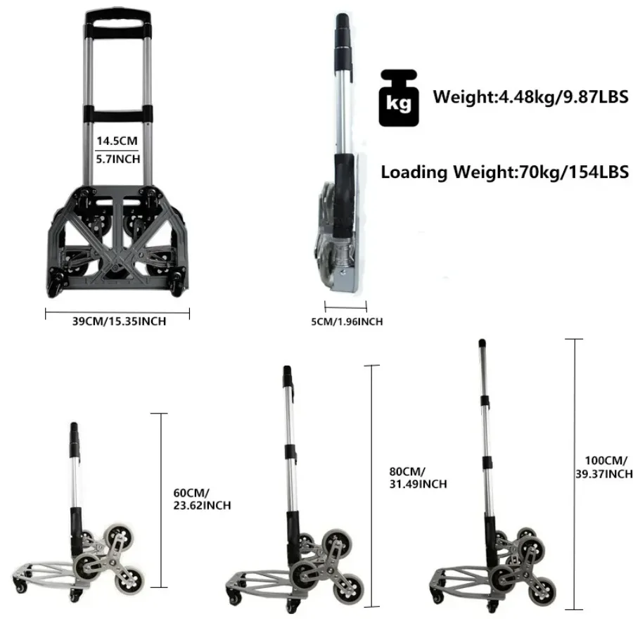 150kg All Terrain Stair Climbing Cart Hand Truck with Bungee Cord Portable Folding Trolley for Upstairs Cargo Transport Bag