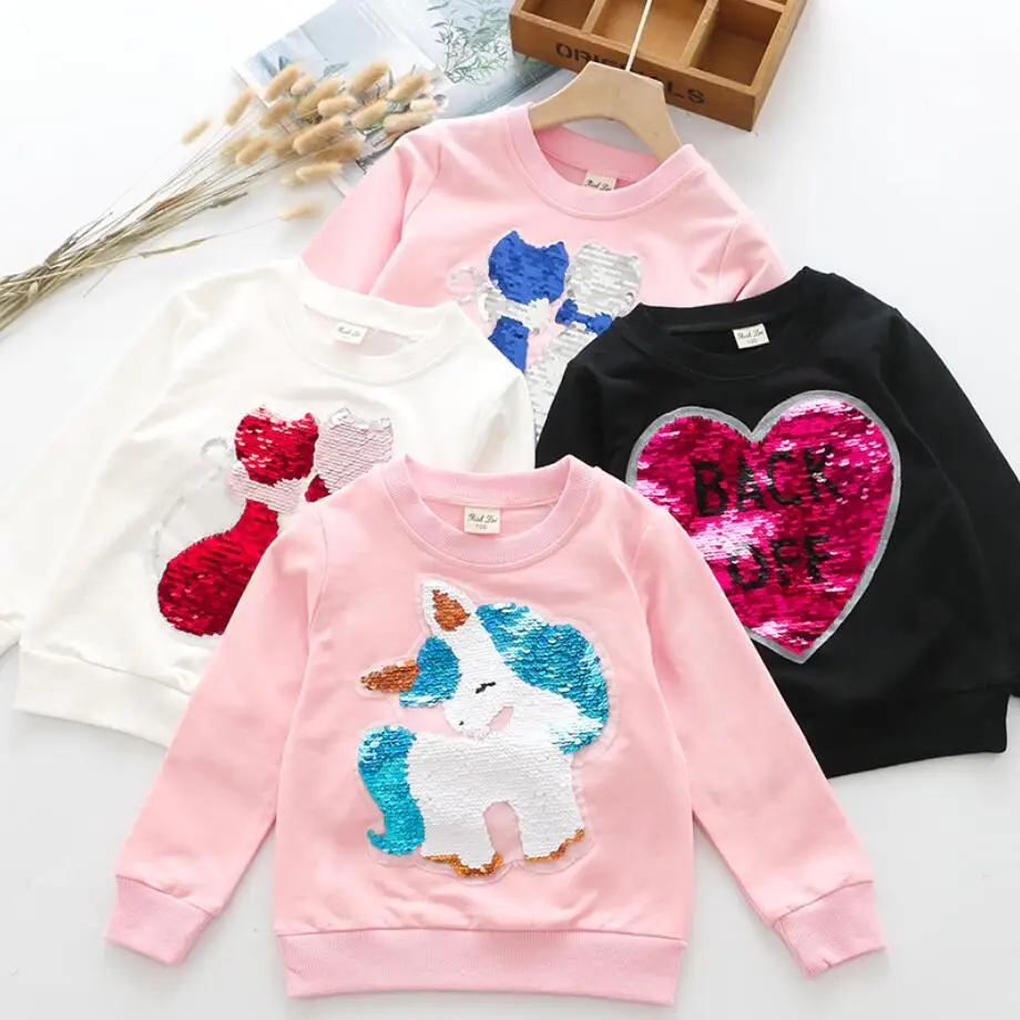 Cute Cat Baby Girls Hoody Sweatshirt Toddler Kids Cotton Sequins Cartoon Sweater Children Spring Autumn Clothes Tops